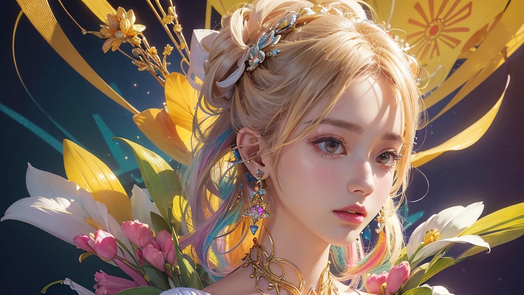 32K, 最高quality, 最高masterpiece, (ultra-Detailed Background, Detailed Background), High resolution, Super detailed, Very detailedな, 1 personの, (bouquet:1.3), (Tangled:1.2), (Geometric:1.2),(colorful),(masterpiece, quality, best quality, Official Art, Beautiful and beautiful:1.2), (1 person:1.3), Very detailed,(colorful:1.1)(Flowers:1.3),Most detailed,(Tangled:1.2), whole body, (Abstract background:1.3), (Skin glows), (Many colors:1.4), ,(Earrings Jewelry:1.5), Pale yellow background, It's imaginative., Milk tea colored hair, Updo,