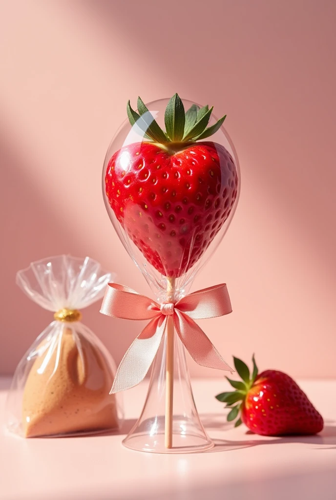 Produce an image to present a food product for sale. The image must contain a skewer with two strawberries skewered (similar to what a chicken heart skewer would look like), packed in a transparent plastic and tied with a ribbon (similar to the packaging of a traditional lollipop), next to this skewer there should be a sachet of creamy brigadeiro, This sachet can be half of an ice cream bag tied with a knot. 
