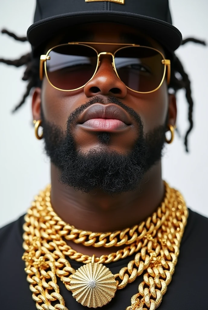 The rapper's accessories, thick chains, gold, large pendants, everything is in focus. The lens aperture is F9.0. White background.
