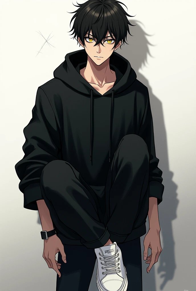 Anime handsome boy black hoodie black pant white sneakers little scratch in face yellow eye