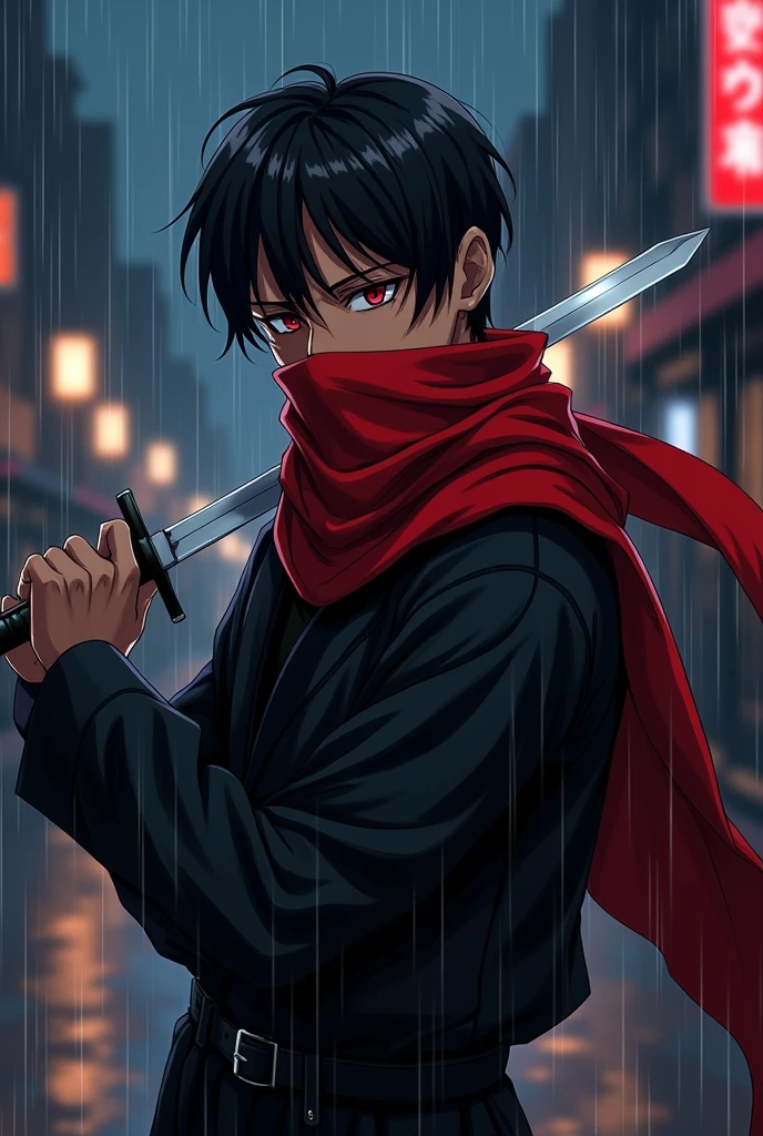 An anime character;
A man with brown skin, Bblack hair, Eyes red, short beard.
Uses a look mixed between ninja and assassin, black color with a long red scarf that at the same time covers his mouth and nose.
holding a knife.
in an attack pose.
the background on a rainy day at night.