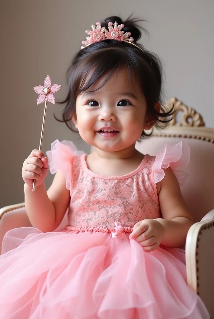 Real pinay  girl wearing pink gown princess sitting in chair hloding fairy stick whole body with name write 1 yearin the front