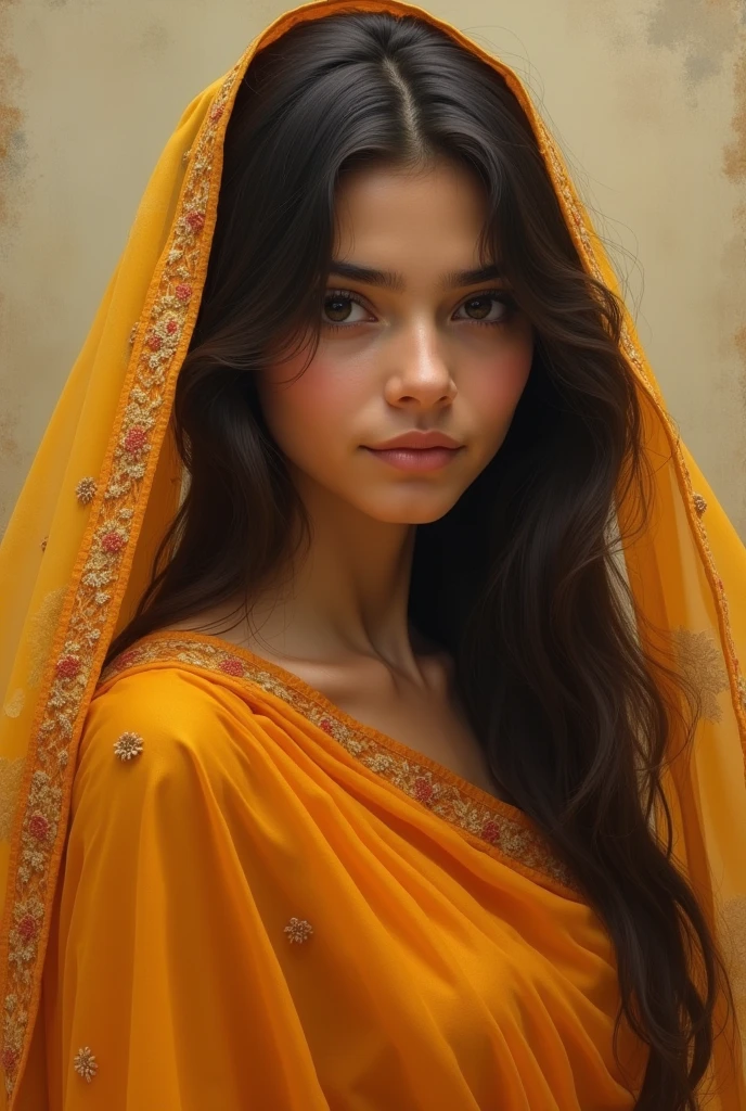 A beautiful teenager whaite skin girl in safron saree pallu on head half body displayed