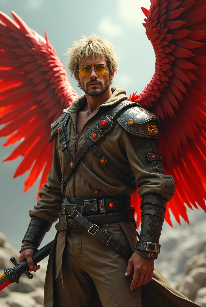A man with messy blond hair, with average physical height with 1,72m high. With eyes like an eagle. And on the back two long red wings. Wearing an aviator suit and yellow glasses. With red stone earrings. Wielding in one of them a sword made with his red feather.