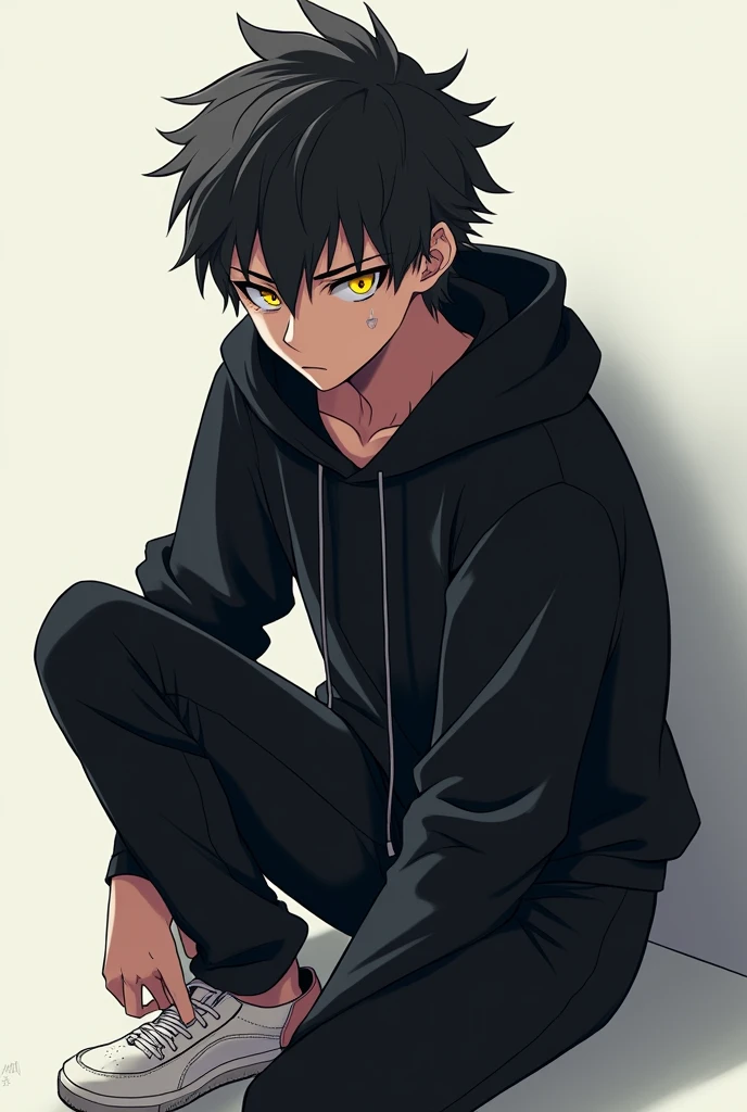 Anime handsome boy black hoodie black pant white sneakers little scratch in face yellow eye 