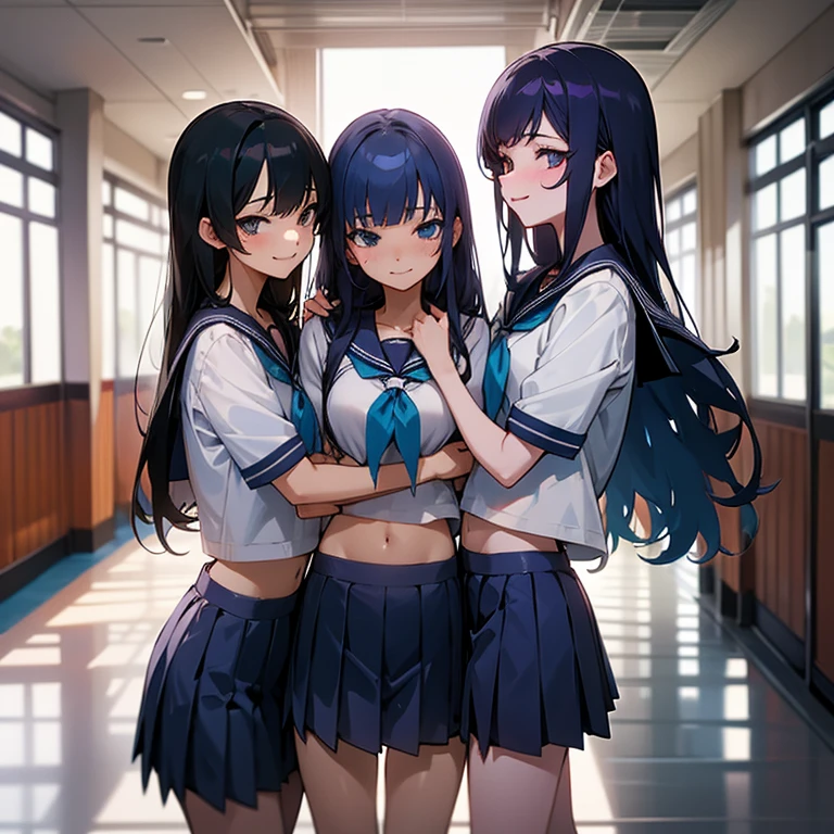 3 sexy girls, same serafuku, navel, blue short skirt, evil smile, school hallway, natural light, detailed, bullys, playful, cuddling
