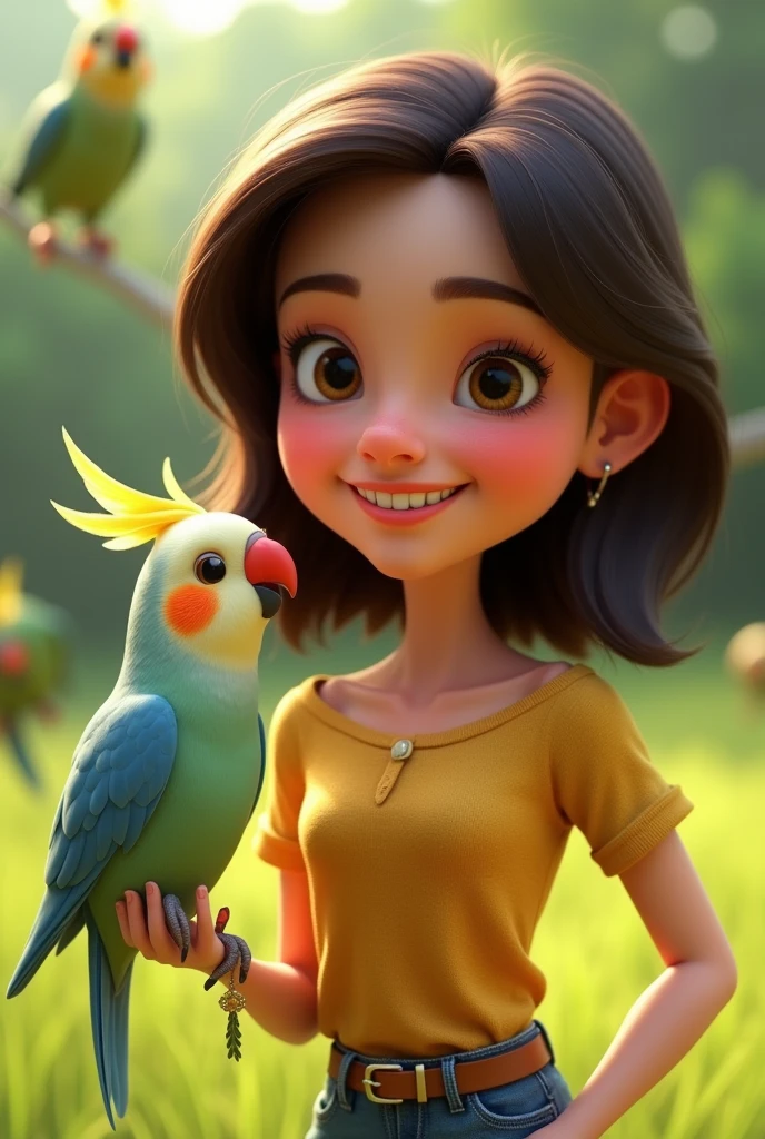 animation 30 year old woman, pixar 3d model, with medium dark brown hair, fair skin, with a cockatiel on her shoulder, and a green bird with a red beak in her hand, in a grassy place with birds