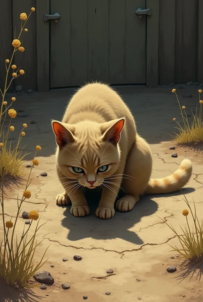 Cat looking for her babies buried in a dirt yard, the cat all depressed and sad 