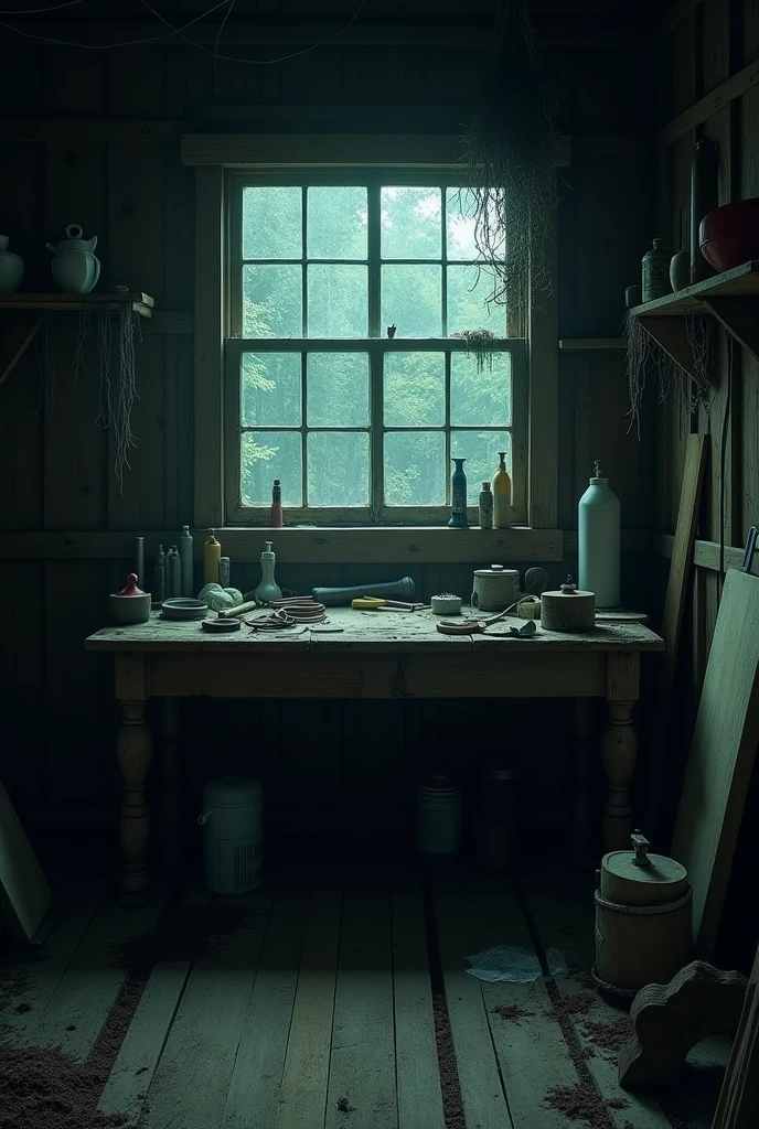A spooky wood workshop, with a window behind the workbench