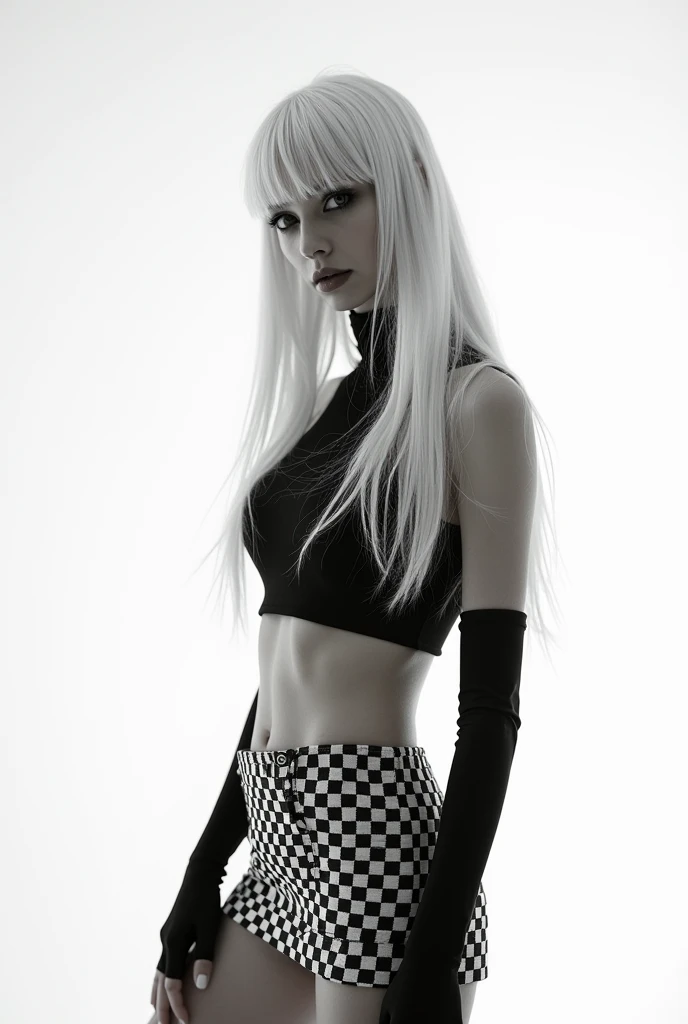 A woman with long straight white hair with bangs,she will wear a black and white checkered crop top,a black and white checked mini skirt and black and white checked gloves,I want the white background,I want her to be beautiful and posing like a model ,make the photo black and white ,I want her hair really long in the winds like a photo shoot