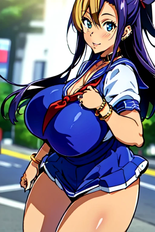 Amaya haruko,Maken-ki,perfect eyes:1.2, detailed eyes:1.4, Blue sailor collar,skindentation,loose serafuku, short sleeves, Red neckerchief, White shirt, short blue skirt,Blue eyes, Purple hair, bangs, wavy long hair, 20yo, Young female, Beautiful Finger, Beautiful long legs, Beautiful body, Beautiful Nose, Beautiful character design, perfect balance, smile, 1girl, solo, (masterpiece:1.6, best quality), 8k, insane details, intricate details, hyperdetailed, hyper quality, high detail, ultra detailed, professional, HDR, ray tracing reflection, cinematic lighting,((Cleavage)),Busty,Big breast,ear piercing,Love shaped necklace,Half eyes open,Eyeshadow,Thick lips,Leopard print panty,Bracelet,Long nail,Ring,Chocker,Gyaru,Tanned skin,Blond hair,Detailed hands,fullbody view,In the street walking with sugar daddy,papakatsu