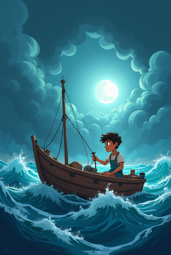 cartoon illustration of a young man repairing a small boat in the middle of the ocean due to a storm