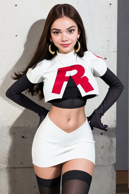 The face of Olivia Rodrigo, 1girl, solo, team rocket,team rocket uniform,white skirt,red letter R,crop top,black thigh-highs,black elbow gloves, earrings, large breasts,