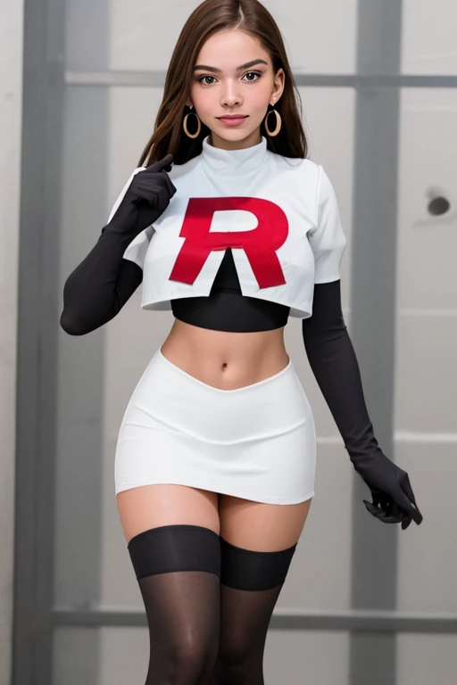 The face of Olivia Rodrigo, 1girl, solo, team rocket,team rocket uniform,white skirt,red letter R,crop top,black thigh-highs,black elbow gloves, earrings, large breasts, 