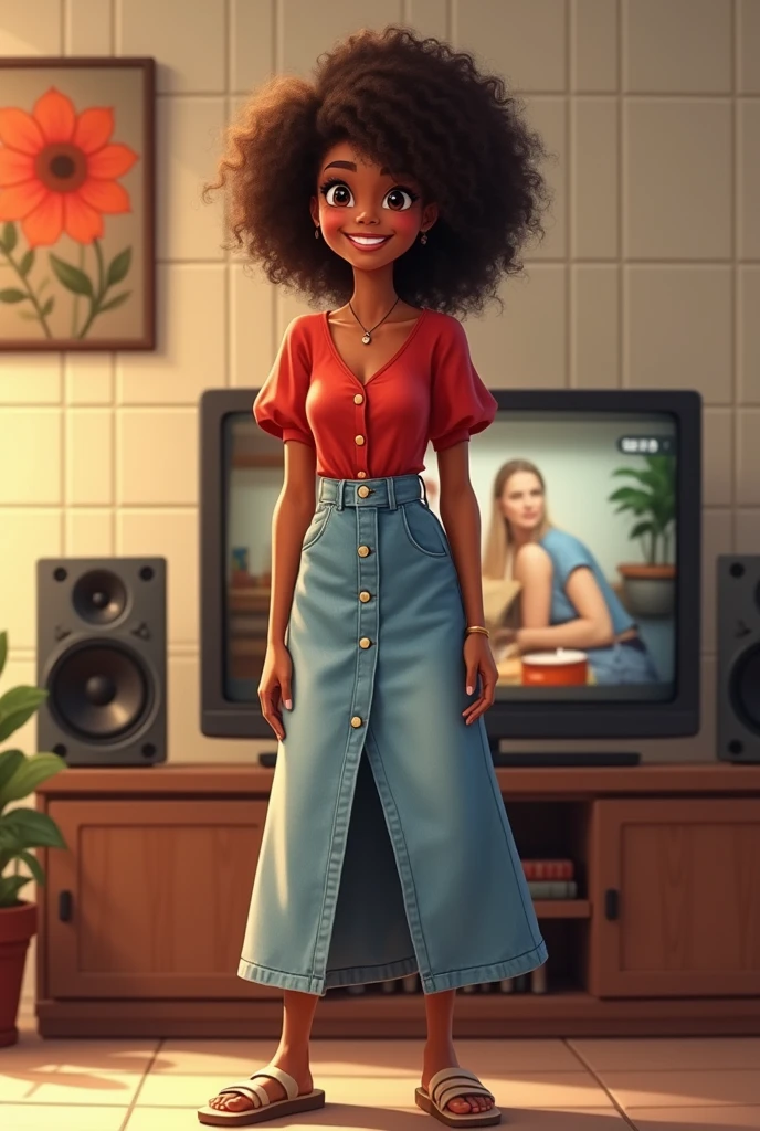 a smiling young woman with dark skin and curly hair. She is wearing a red blouse with short, puffy sleeves., combined with a long denim skirt, light wash, which has buttons on the front and an asymmetrical cut. She is wearing beige sandals and is standing indoors.. Ao fundo, there is a wall covered with light tiles and a TV that is on, showing a scene from a program or movie. There is also a sound amplifier near the wall.. The space&#39;s decoration includes a painting with a flower in the left corner of the image..