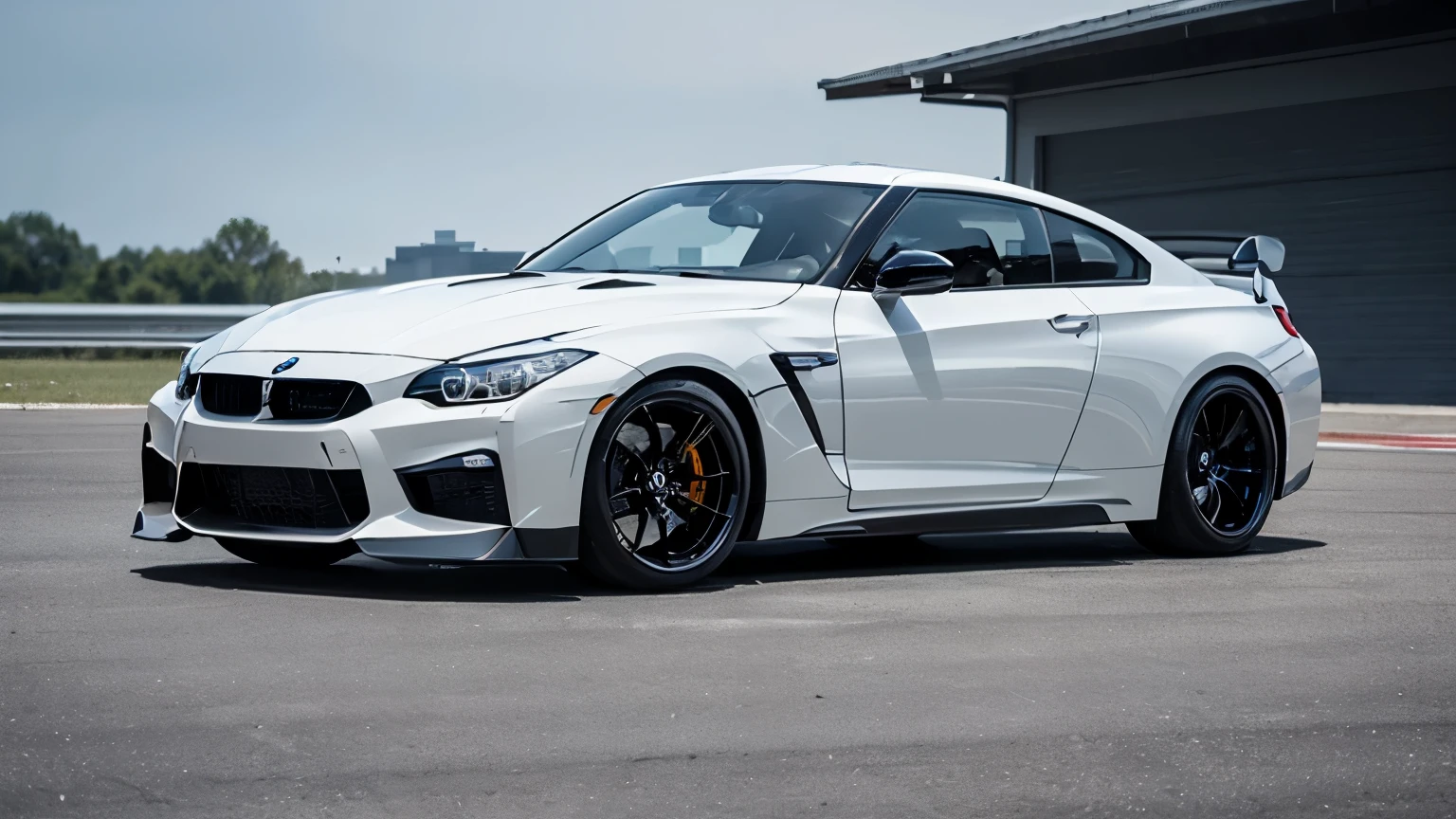Masterpiece, top quality, high quality, high detailed, Super car, coupe car, (by bmw, by Nissan gtr), white color, black wheels color, black spoiler, stock, (parking on white showroom background, daytime, no one, smooth, front view, low fov)