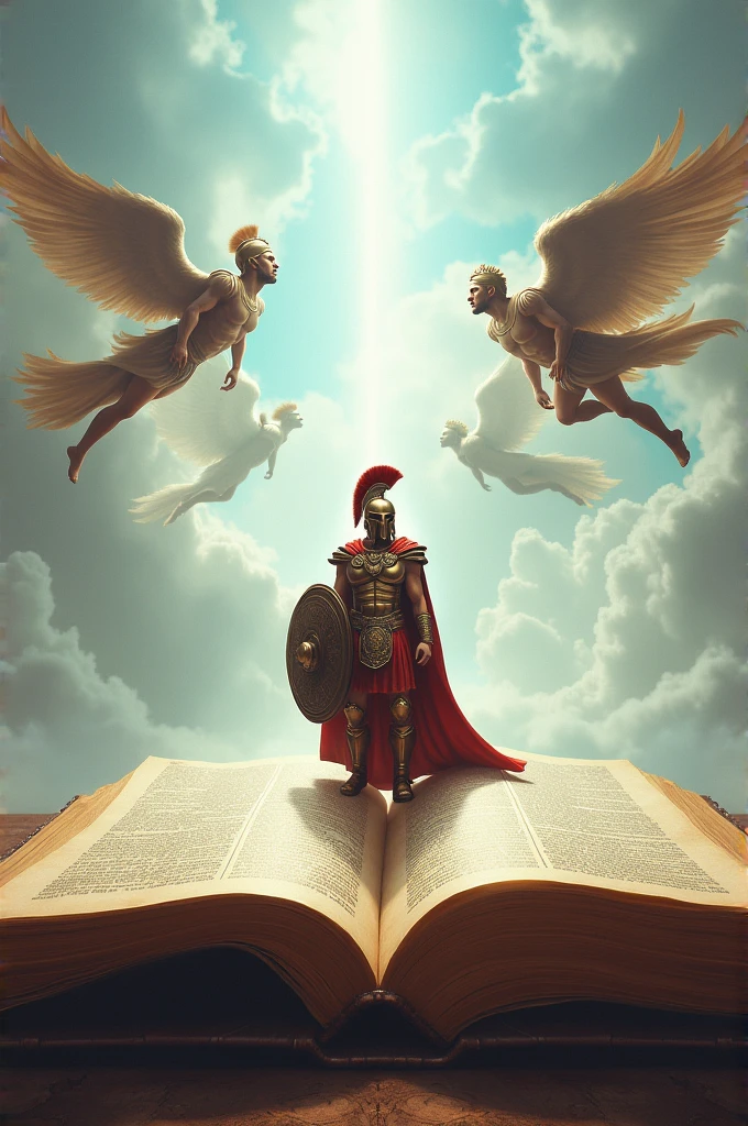 A giant open bible, a Spartan warrior with a helmet in the middle and angels in armor in the sky and above the bible, light blue background