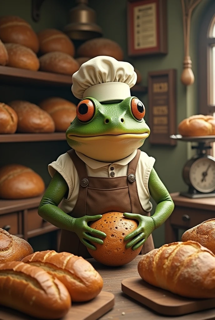 Retro Images，Storytelling，Tree frog，Ultra-realistic，high resolution，Frog is a baker，There&#39;s a lot of bread in the store