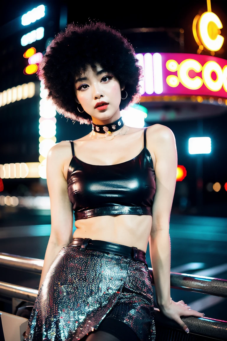 (Cinematic Aesthetic:1.4) Photo of a beautiful korean fashion model bokeh city night with round disco afro wig, bra, super mini skirt,big bust, Clevage, opened black leather jacket, make up, exposed stomach, sexy look, choker