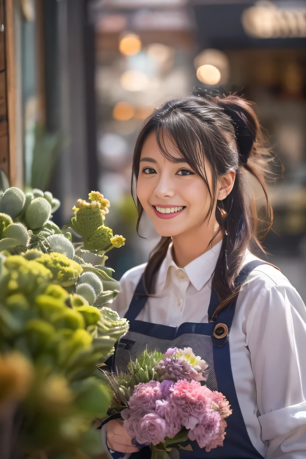 ((masterpiece,best quaLightingy 1.4)), (8k,RAW Photos:1.2), (Realistic,photo Realistic:1.4), Ultra-high resolution , (Highly detailed 8k wallpaper) ,Japanese Idols, Japanese actress, Japanese, very cute, Big eyes, Highly detailed eyes and face, Beautiful eyes in every detail,Glowing Skin,Portraiture,(ponytail :1.2),(smile:1.3) ,(Holding a bouquet:1.2),Lighting, Sharp focus, Written boundary depth , (Dynamic Angle:1.4 ). Blur the background, Bokeh, (apron:1.3) ,A small flower shop bathed in spring sunlight, Colorful flowers lined up. In front of the shop, Vibrant bouquets and hanging succulents on display... The background is cobblestones and old-fashioned streetscapes..