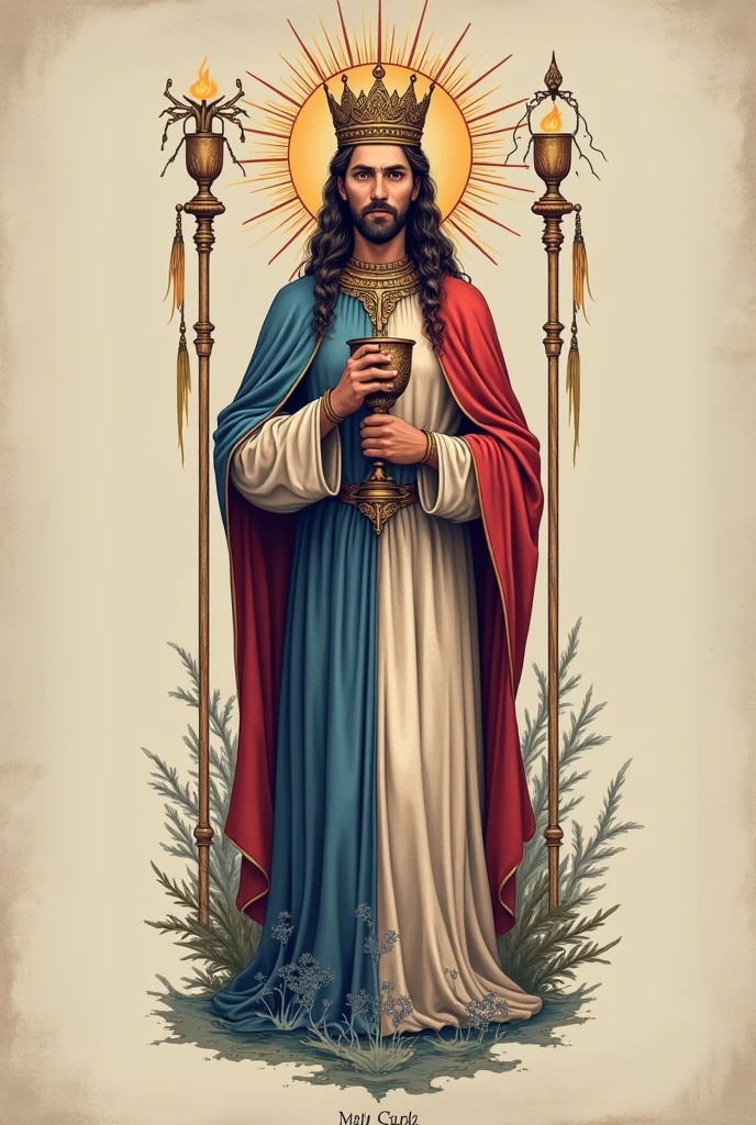 King of Cups Tattoo for Men. White and red vertical striped dress and royal blue tunic