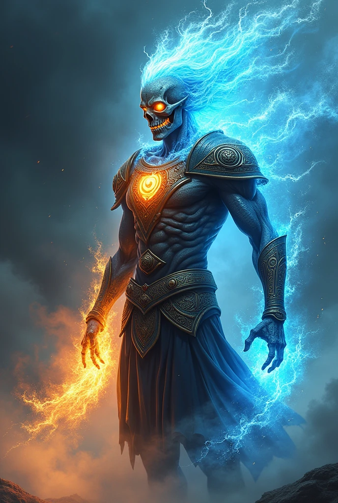 "Create an Indian superhero who embodies the elemental powers of water and fire, with a striking resemblance to a ghostly rider. His appearance should be fierce and otherworldly, with a skeletal face engulfed in both flames and swirling water. His eyes glow with a fiery intensity, while his body radiates with an ethereal blue light, surrounded by mist and steam. He wears traditional Indian armor infused with ancient symbols, and his hands ignite with flames and water, ready to unleash his powerful abilities. The background should have a mystical and stormy atmosphere, reflecting the dynamic nature of his powers."