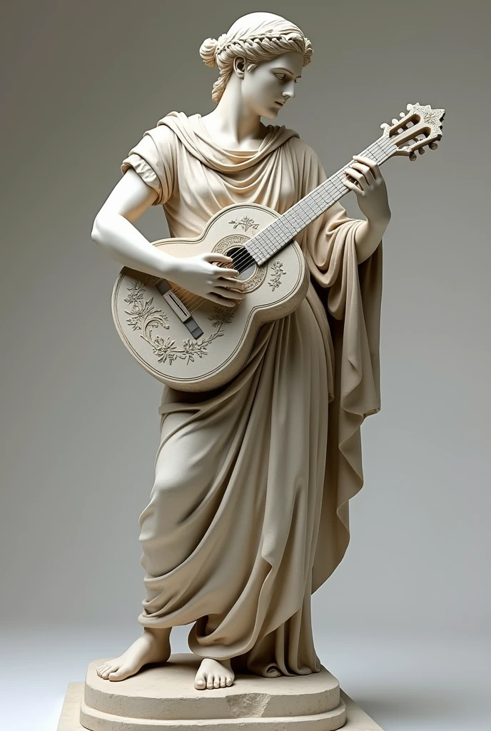 a greek stone sculpture playing a baroque guitar