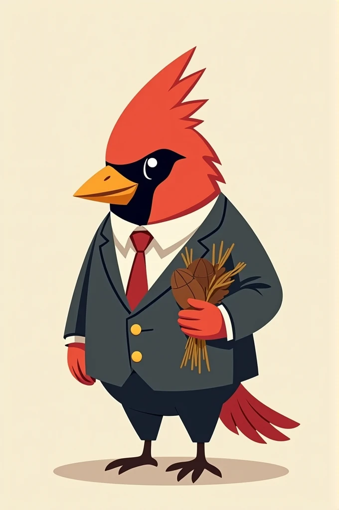 A little cardinal in a suit carrying some nuts, the design is for a logo