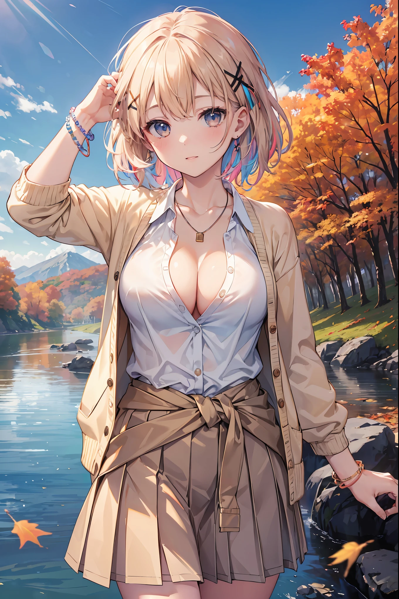 Bright lighting、Beautiful illustrations、
(8k, RAW Photos, Highest quality, masterpiece:1.2), (Realistic, Photorealistic:1.37), Ultra-detailed, 1 person, solo, cute, Beautiful poop、(School uniforms:1.2), (Improve:1.2), (White shirt:1.3), (Beige cardigan tied around the waist:1.3), ((Cleavage, Button unbuttoned):1.2), (Checkered Pleated Skirt:1.2), ((necklace,Colorful Bracelets,x Hair accessories):1.2),Mountain、autumn leaves、river