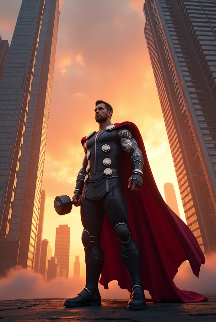 Marvel character Thor standing between sky scrapers in the sunset with captain America sheild