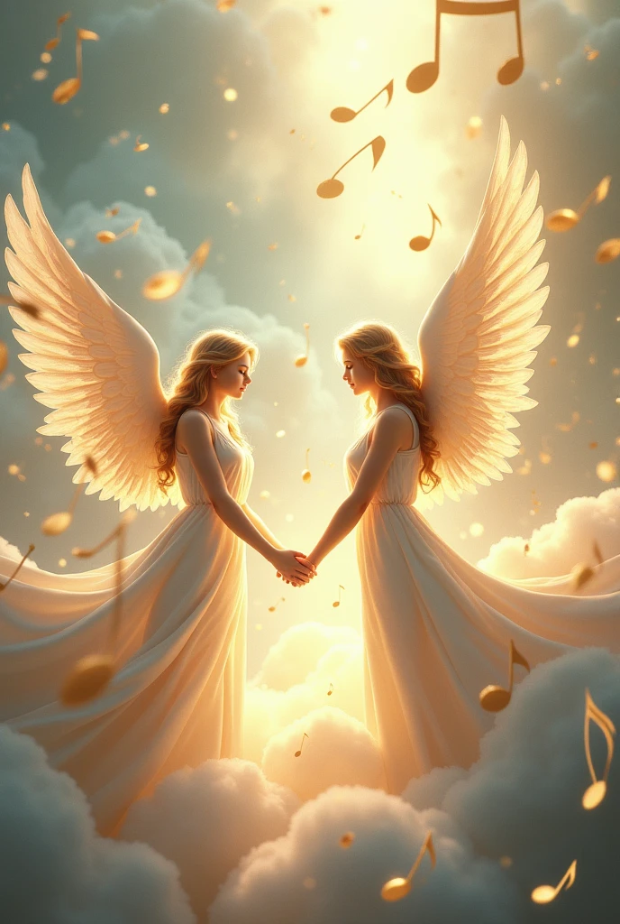 Musical notes in the background with angels