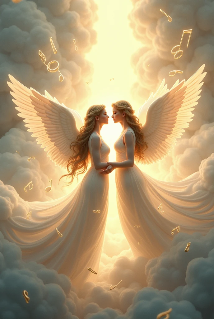 Musical notes in the background with angels