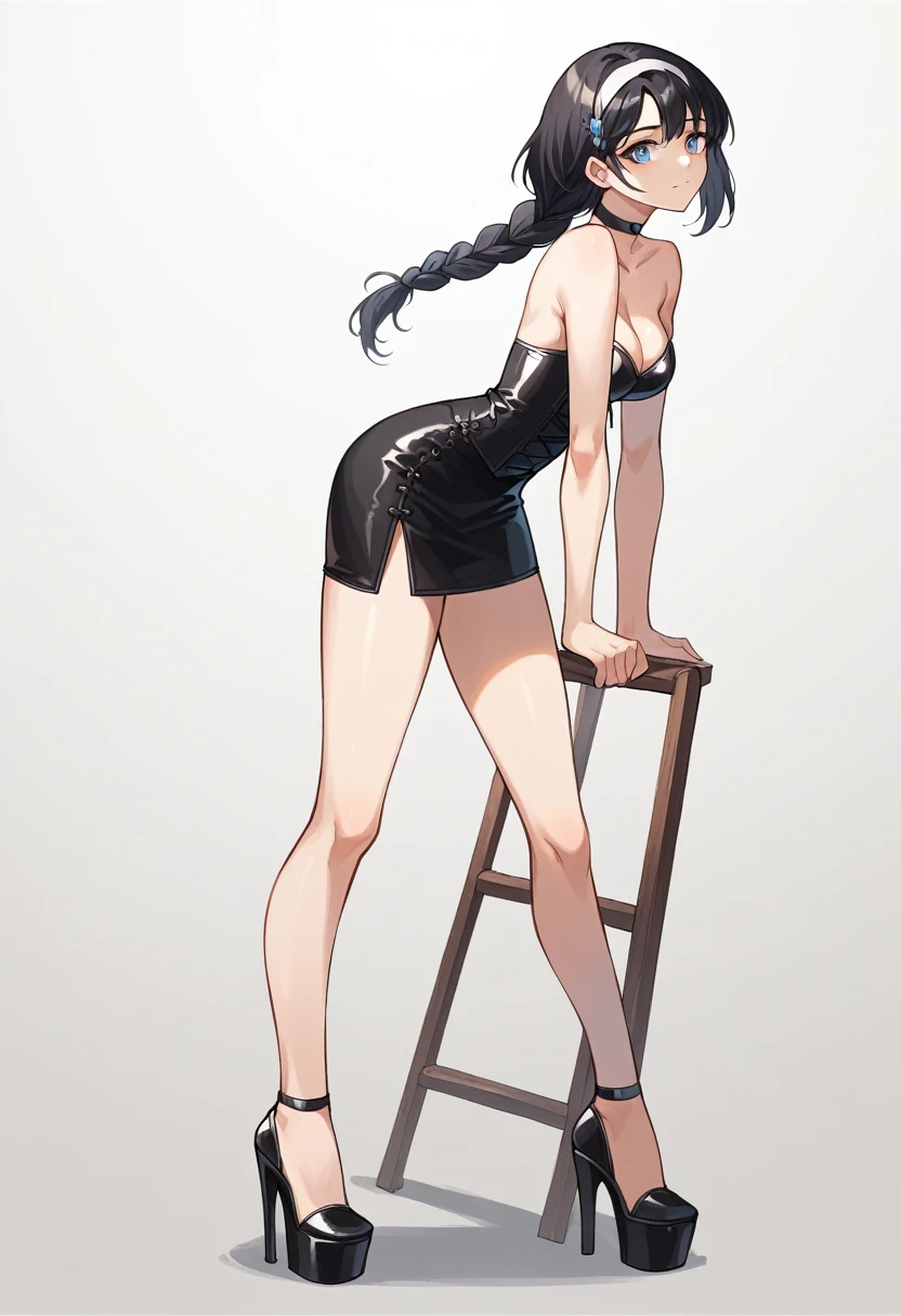 ((ultra detailed, masterpiece, best quality)) FF8Rinoa, 1girl, solo, single braid, blue eyes, black hair, white hairband, black choker, medium Breasts hanging, black corset strapless sexy, white sexy miniskirt, sexy long legs, black platform high heels wedges,  full body shot 