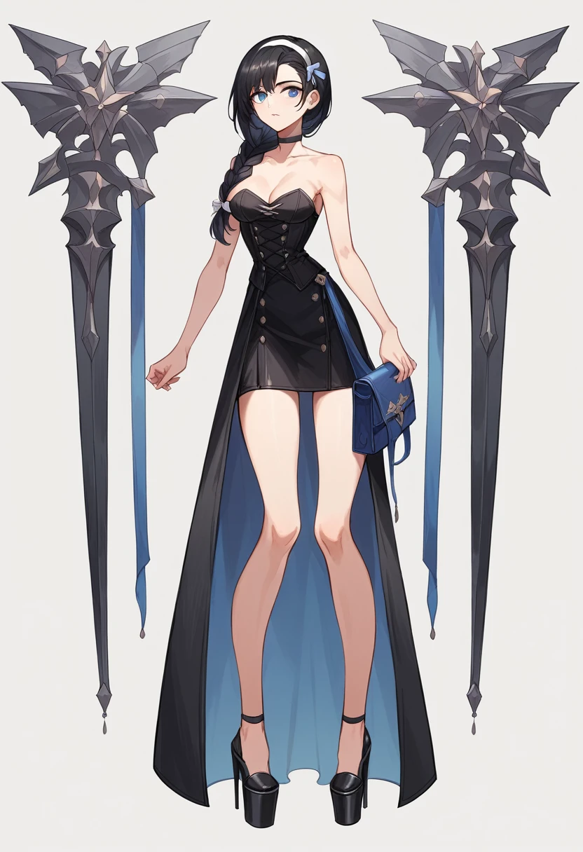 ((ultra detailed, masterpiece, best quality)) FF8Rinoa, 1girl, solo, single braid, blue eyes, black hair, white hairband, black choker, medium Breasts hanging, black corset strapless sexy, white sexy miniskirt, sexy long legs, black platform high heels wedges,  full body shot 