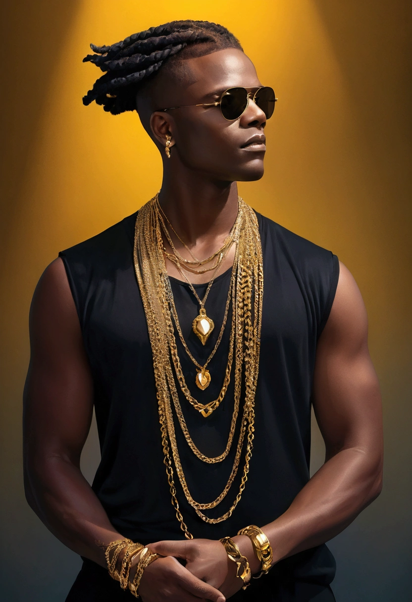 A black man wearing flashy gold Chains, flamboyant clothing, detailed fashion, dramatic pose, dynamic lighting, striking colors, vibrant, high contrast, meditative mood，Superb composition，Elegant and simple background，(masterpiece), best quality,((Inspired by: Tomasz Jedruszko)), 