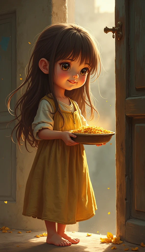 Lily is a young girl, around 10 or , with a delicate and innocent look. Her long, unkempt brown hair frames her face, and she’s dressed in simple, worn clothes. She’s often barefoot, showing signs of her impoverished life, but her bright smile and sparkling eyes are her most striking features, radiating warmth despite her circumstances. She shared her gold with a sick stranger