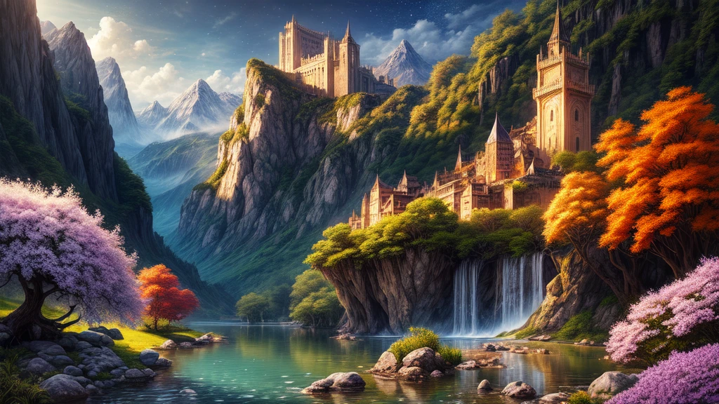 masterpiece, Landscape of the best quality, dramatic lighting, intricate details, sharp focus, 16k, professional illustration, tall and bright flowers, Bright orange magical forest, waterfall, shining stream, fancy, starry Night, dusty rays of light, illuminated mountains in the background, castillo medieval, swans (Full view) advntr