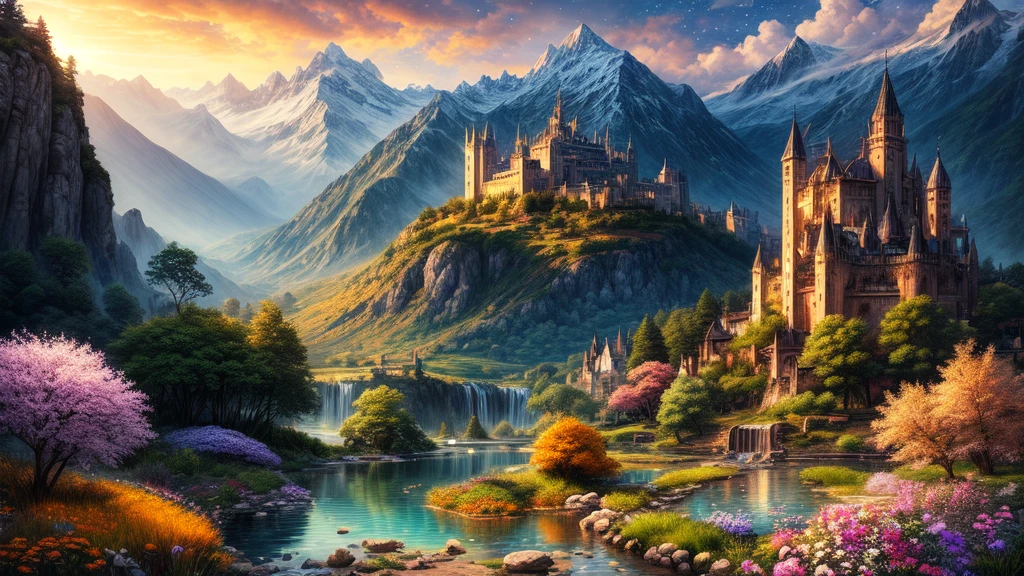 masterpiece, Landscape of the best quality, dramatic lighting, intricate details, sharp focus, 16k, professional illustration, tall and bright flowers, Bright orange magical forest, waterfall, shining stream, fancy, starry Night, dusty rays of light, illuminated mountains in the background, castillo medieval, swans (Full view) advntr 