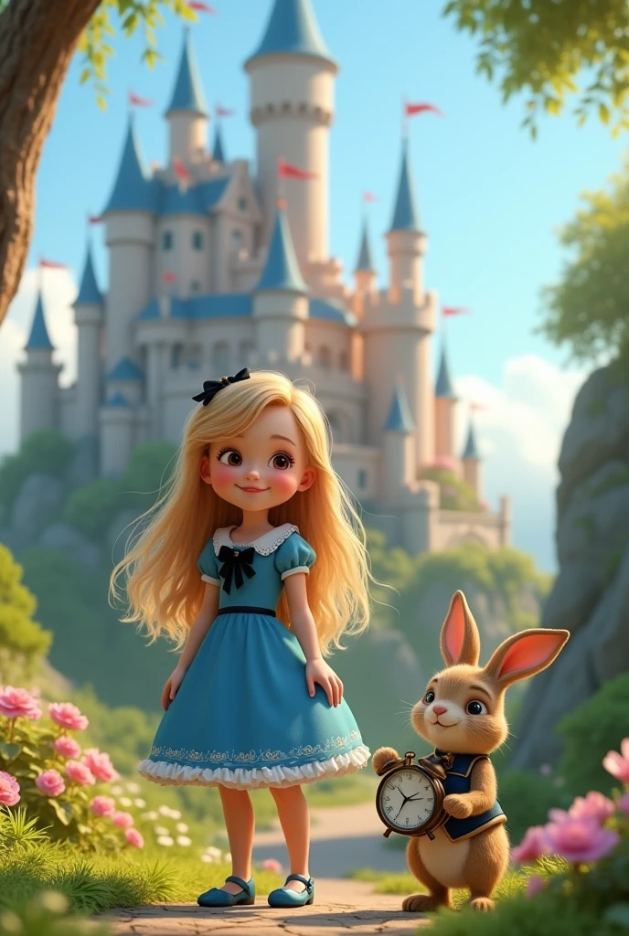 The image features a child character with long, blonde hair., wearing a blue dress with white details and a black bow. She is standing next to a white rabbit in clothes holding a clock.. The character shows off her blue shoes, that complement your outfit. Ao fundo, there is an enchanted castle with towers and flags, set in a lush green environment with flowers. The scene conveys a magical and playful atmosphere, typical of fairy tales. Real 3d pixar image