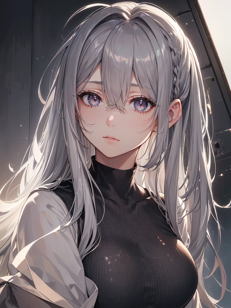 ((highest quallity, work of art, 4K, finely detailled, detailedeyes, face detailed, gelbooru, pixiv)), warm lighting, ((alone)), 1womanl, bonitas, Female One, adult  woman, full breasts, close do rosto, portraite, tired exhausted expression, with dark circles. looking ahead at viewer, ((lazy eyes, half covered, gray eyes with gray pupils) ), wearing disheveled scientist clothes ((dark gray hair with light gray streak in the bangs, long hair, shaggy hairstyle, Messy hair))