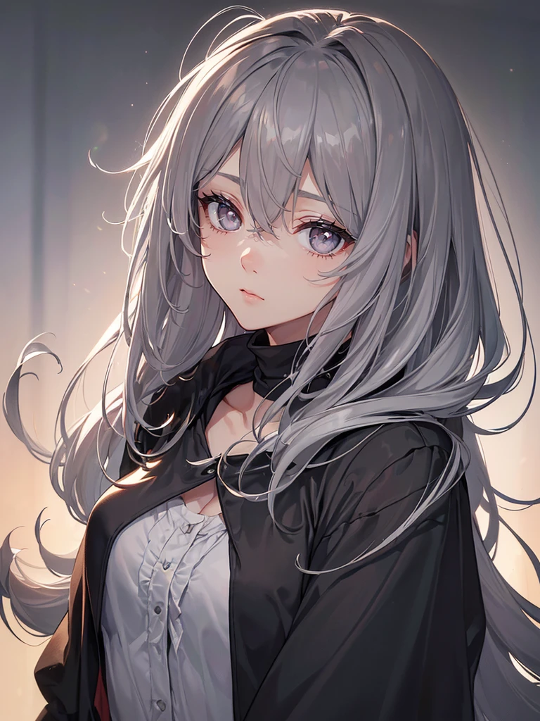 ((highest quallity, work of art, 4K, finely detailled, detailedeyes, face detailed, gelbooru, pixiv)), warm lighting, ((alone)), 1womanl, bonitas, Female One, adult woman, full breasts, close do rosto, portraite, tired exhausted expression, with dark circles. looking ahead at viewer, ((lazy eyes, half covered, gray eyes with gray pupils) ), wearing disheveled scientist clothes ((dark gray hair with light gray streak in the bangs, long hair, shaggy hairstyle, Messy hair))