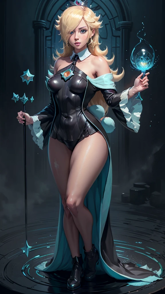 Rosalina from Super Mario Galaxy, dressed as a powerful sorceress. She wears an elegant, flowing mage robe adorned with mystical symbols, the fabric shimmering in soft moonlight. Her outfit clings to her toned and curvaceous body, adding a subtle allure to her appearance. Rosalina holds a glowing staff in one hand, casting an enchanting spell, while her other hand hovers over a swirling orb of light. Her expression is confident and alluring, with a playful smirk on her lips, eyes glowing with magical energy. Her long blonde hair flows gracefully behind her as she stands in a commanding pose. The background features an ancient, mystical temple bathed in ethereal light. 8k resolution, masterpiece quality, ultrasharp details on her robe and magical effects, with detailed textures on her outfit and staff. The lighting emphasizes her figure, adding a dramatic and captivating atmosphere