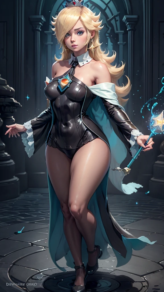 Rosalina from Super Mario Galaxy, dressed as a powerful sorceress. She wears an elegant, flowing mage robe adorned with mystical symbols, the fabric shimmering in soft moonlight. Her outfit clings to her toned and curvaceous body, adding a subtle allure to her appearance. Rosalina holds a glowing staff in one hand, casting an enchanting spell, while her other hand hovers over a swirling orb of light. Her expression is confident and alluring, with a playful smirk on her lips, eyes glowing with magical energy. Her long blonde hair flows gracefully behind her as she stands in a commanding pose. The background features an ancient, mystical temple bathed in ethereal light. 8k resolution, masterpiece quality, ultrasharp details on her robe and magical effects, with detailed textures on her outfit and staff. The lighting emphasizes her figure, adding a dramatic and captivating atmosphere