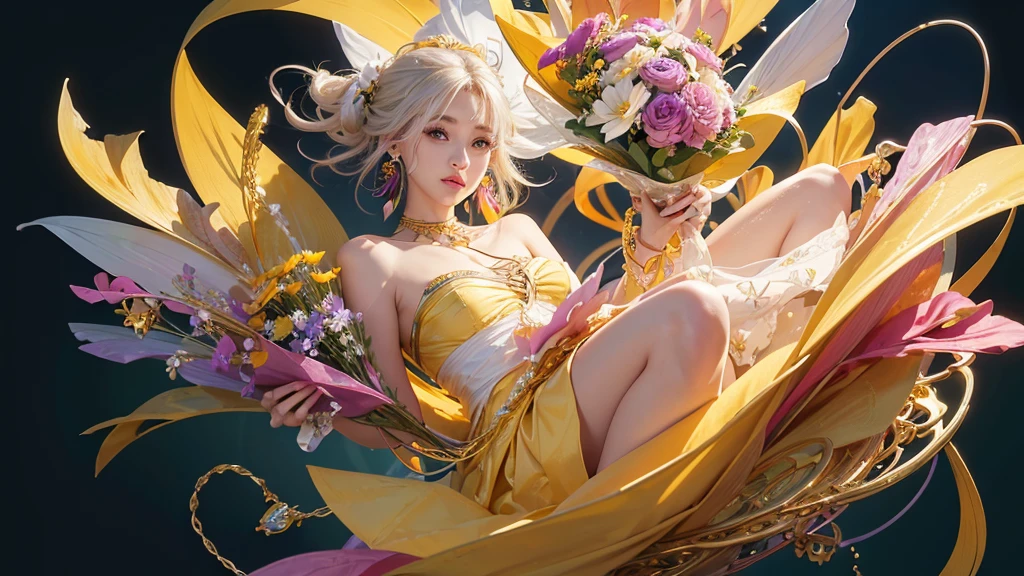 32K, 最高quality, 最高masterpiece, (ultra-Detailed Background, Detailed Background), High resolution, Super detailed, Very detailedな, 1 personの, (bouquet:1.3), (Tangled:1.2), (Geometric:1.2),(colorful),(masterpiece, quality, best quality, Official Art, Beautiful and beautiful:1.2), (1 person:1.3), Very detailed,(colorful:1.1)(Flowers:1.3),Most detailed,(Tangled:1.2), whole body, (Abstract background:1.3), (Skin glows), (Many colors:1.4), ,(Earrings Jewelry:1.5), Pale yellow background, It's imaginative., Milk tea colored hair, Updo,