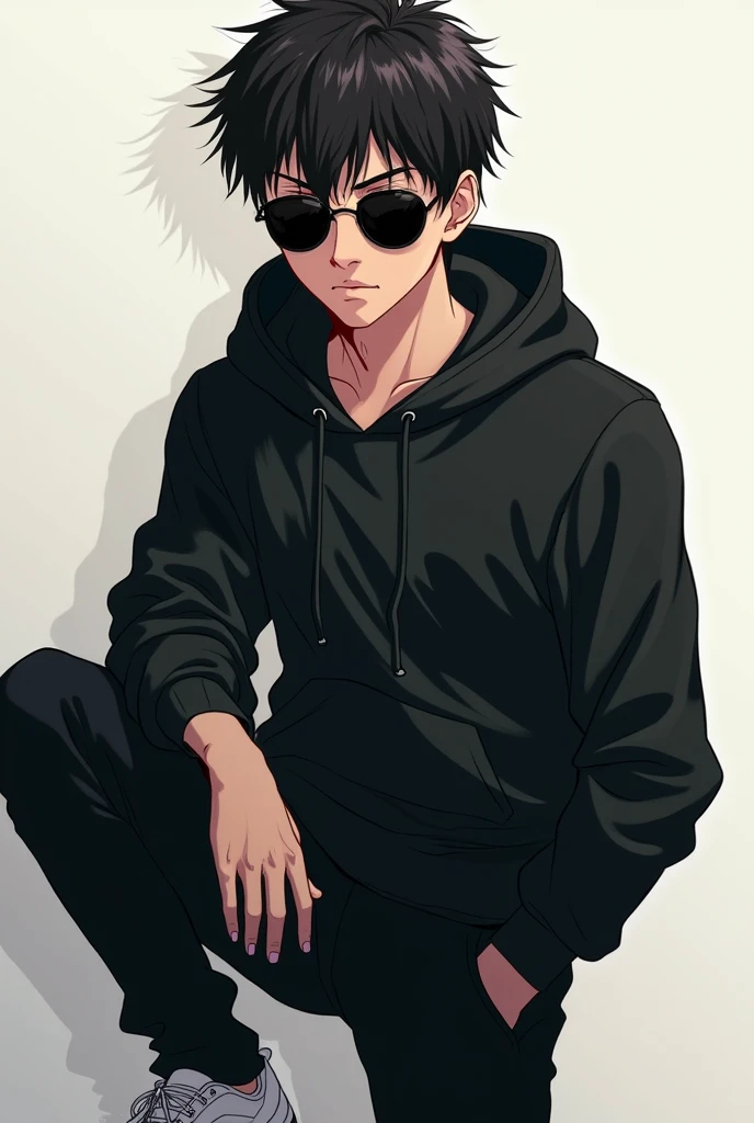 Anime handsome boy black hoodie black pant white sneakers little scratch in face yellow eye 
With black sun glass