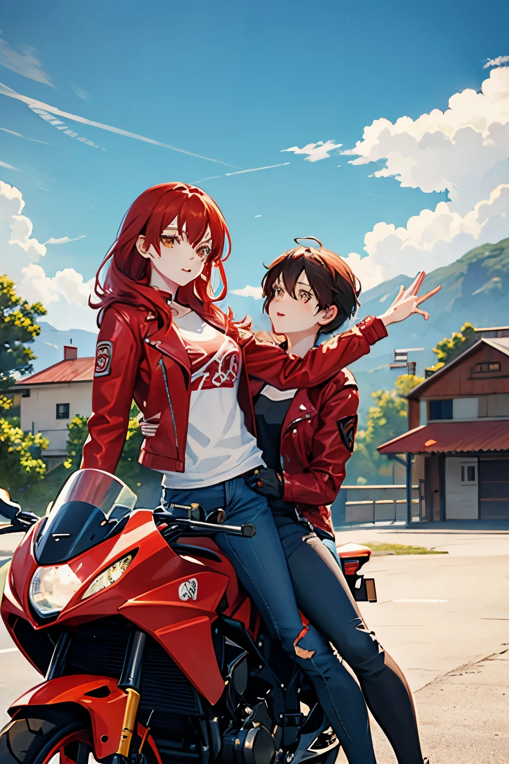 Anime Female With Red Hair, Yellow Eyes, Red Jacket, Blue Jeans and Riding a Motocycle.