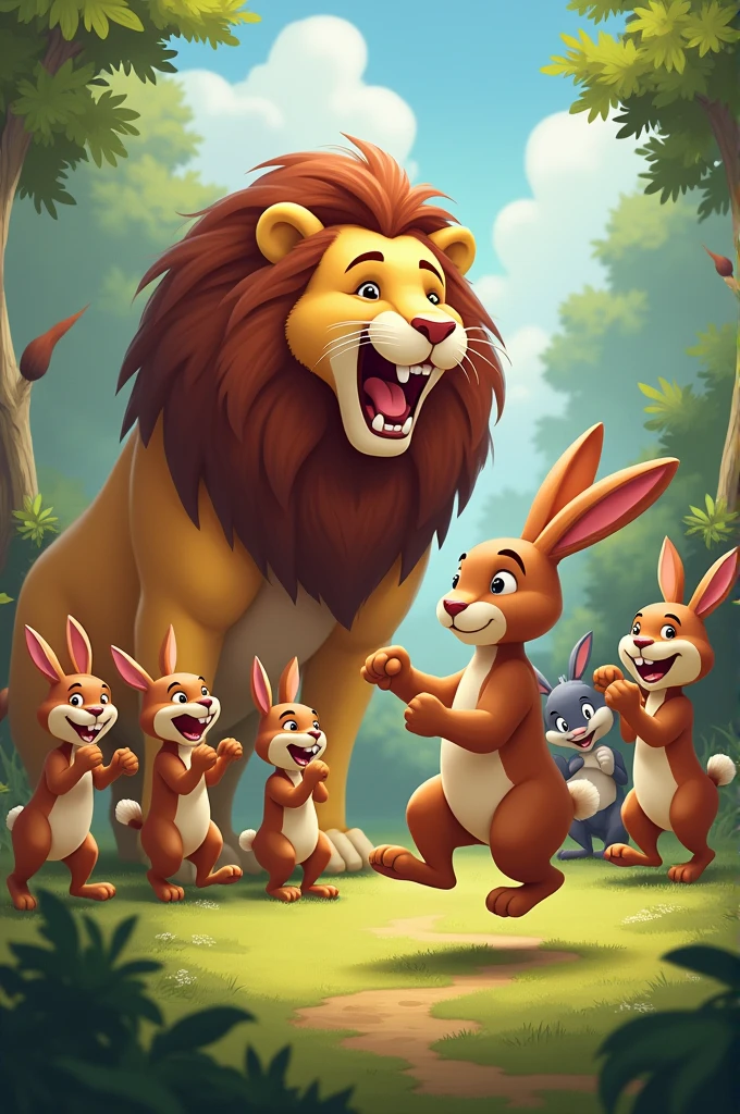The clever rabbit quickly hopped back to the other animals and told them what happened. They all cheered and celebrated, for the lion would trouble them no more."