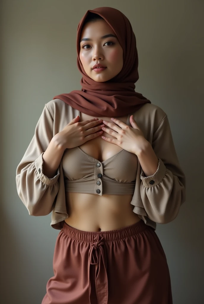 Home,Malaysian Muslim women,scarf,Short skirt,front,Sexy,Big cleavage,Ultra HD image,Unbutton,Chest,Cute face,underwear,See the bottom of the skirt,perspective,Short-sleeved clothes,摸着Chest,whole body,