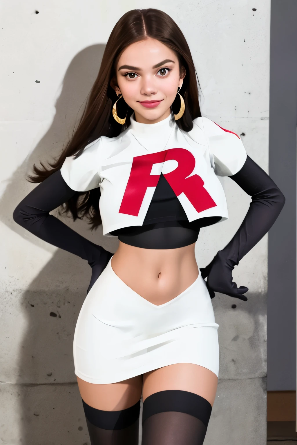 The face of Olivia Rodrigo, 1girl, solo, team rocket,team rocket uniform,white skirt,red letter R,crop top,black thigh-highs,black elbow gloves, earrings, large breasts,