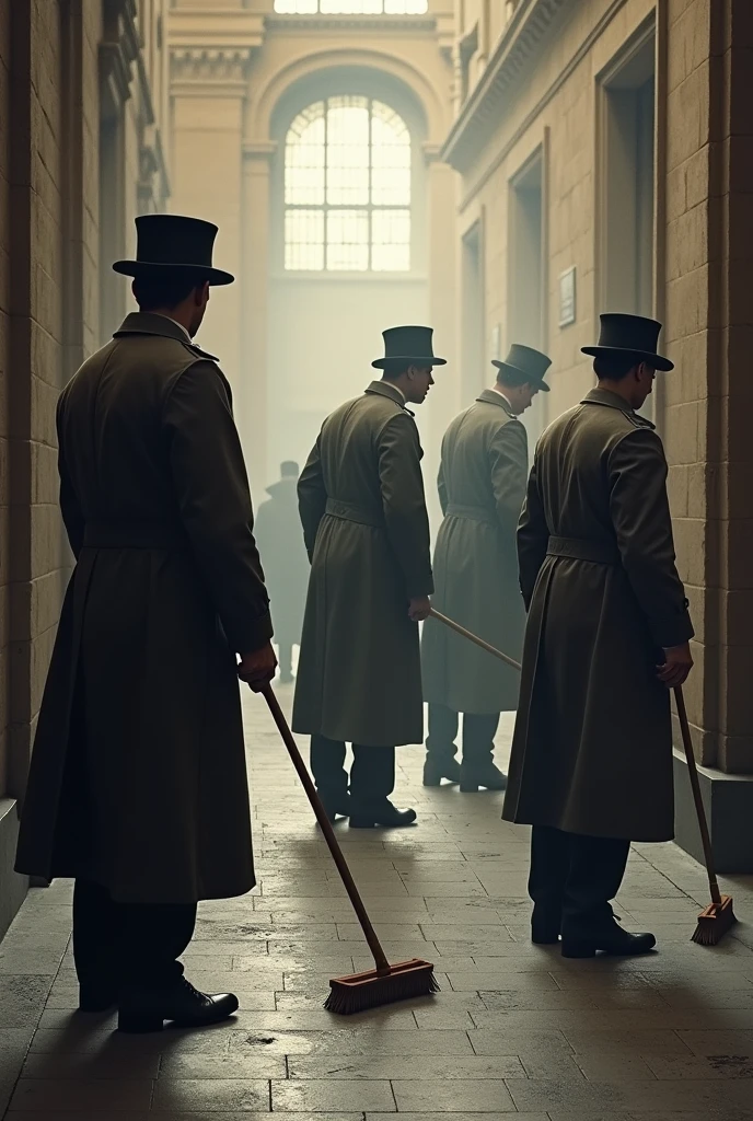 Men in coat cleaning 
